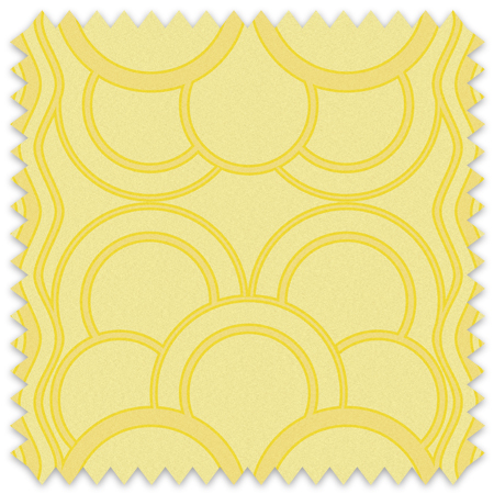 The artwork is a geometric pattern featuring overlapping semi-circles and arches in various sizes. It uses shades of yellow with a slightly textured surface. The design is symmetrical and creates a harmonious, wave like motif.